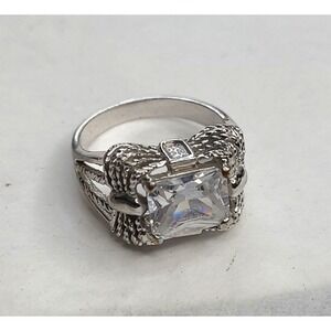 Vintage Silvertone Fashion Ring With Large Clear Square Stone & Intricate Detail